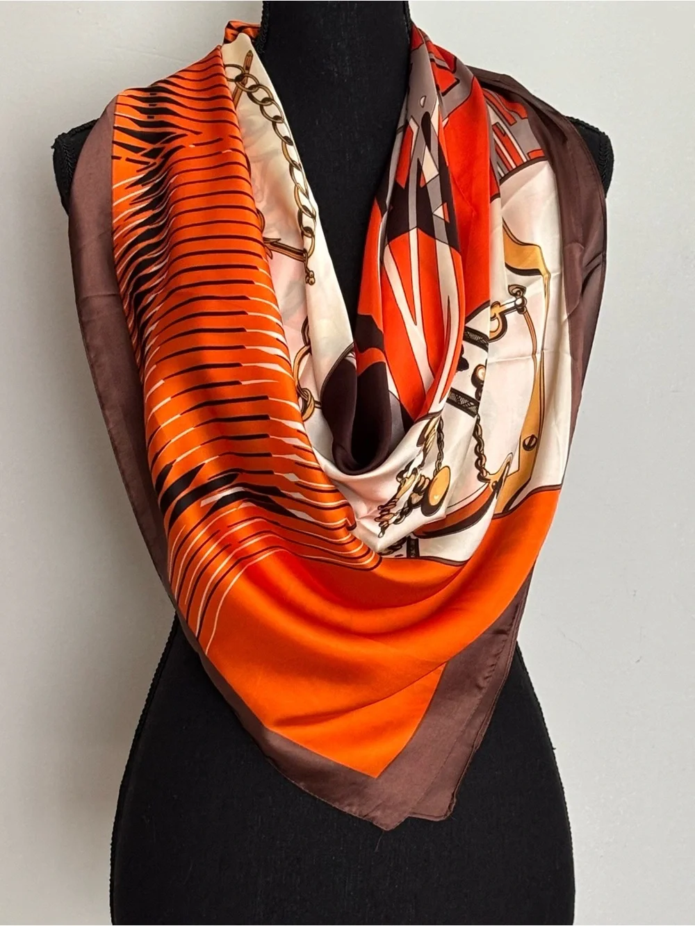 Luxury Orange Chain Print Silk Scarf